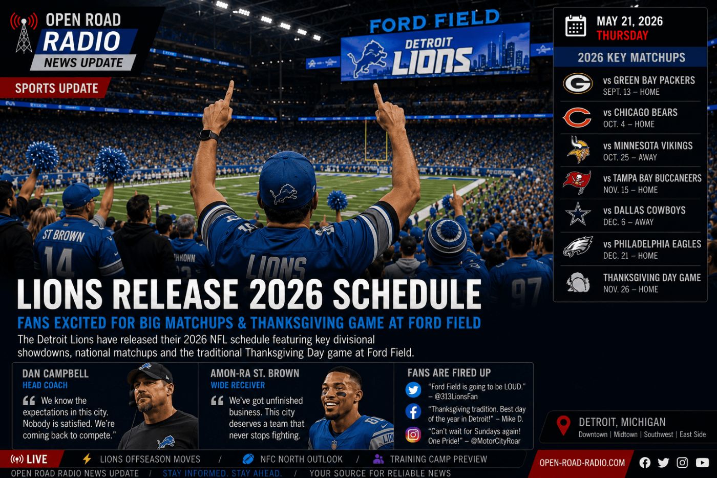 Detroit Lions Release 2026 NFL Schedule as Fans Hope for Bounce-Back Season