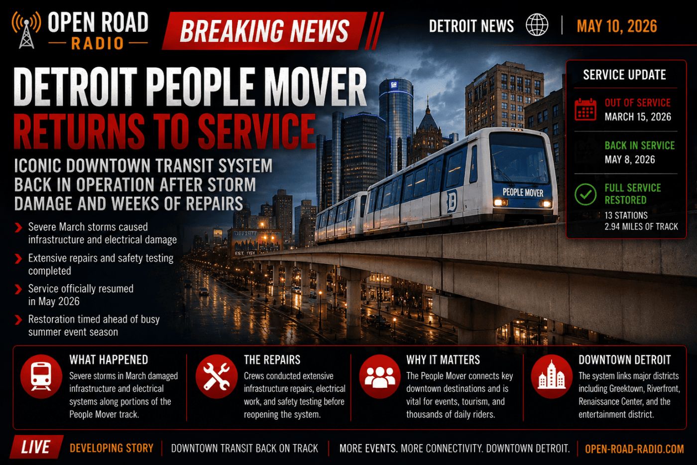 Detroit People Mover Returns to Service After Storm Damage Disrupted Downtown Transit for Weeks