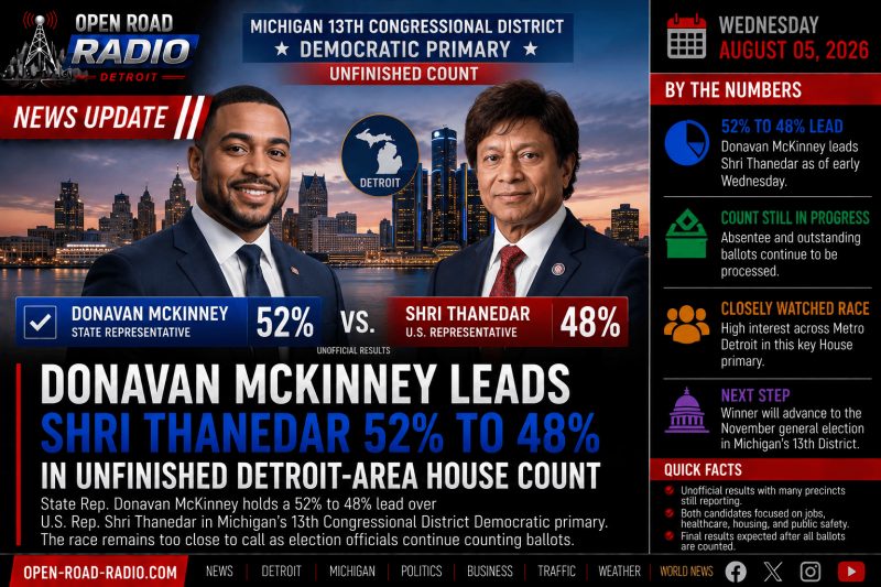 Donavan McKinney Leads Shri Thanedar 52% to 48% as Detroit-Area House Primary Remains Unfinished