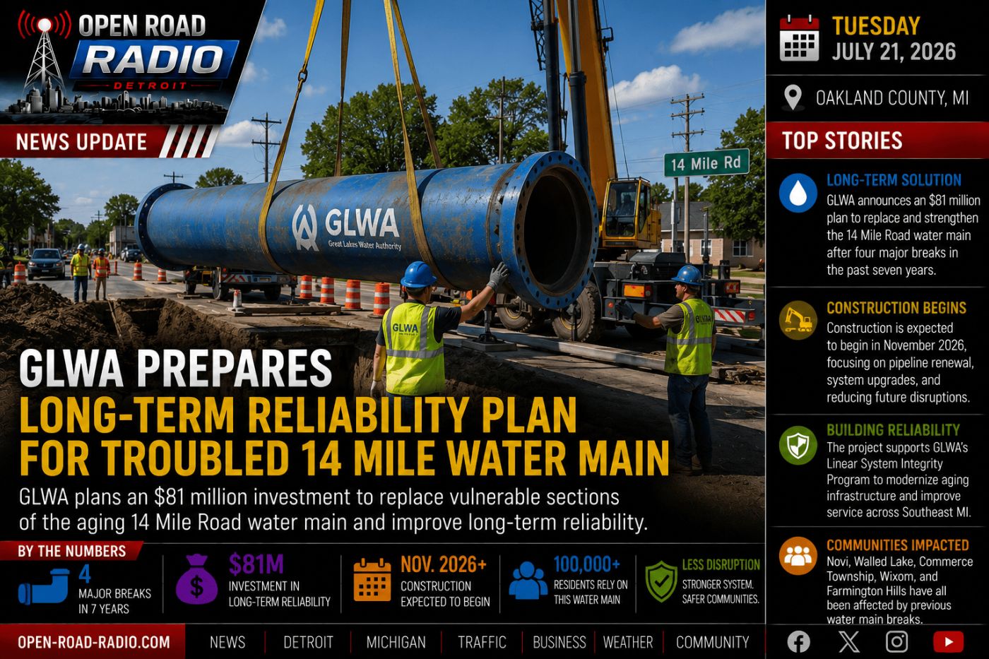 GLWA Unveils Long-Term Reliability Plan for Troubled 14 Mile Water Main