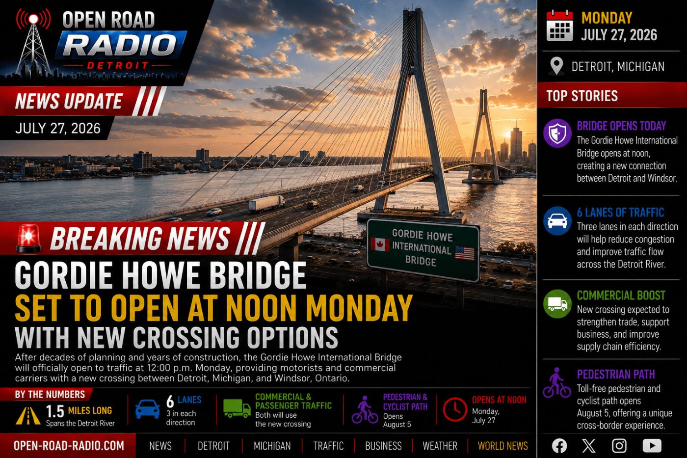 Gordie Howe International Bridge Set to Open Monday, Marking a New Era for Detroit–Windsor Travel