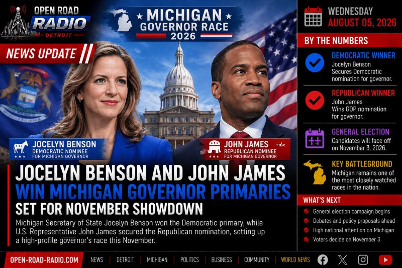Jocelyn Benson and John James Win Michigan Governor Primaries, Set for November Showdown