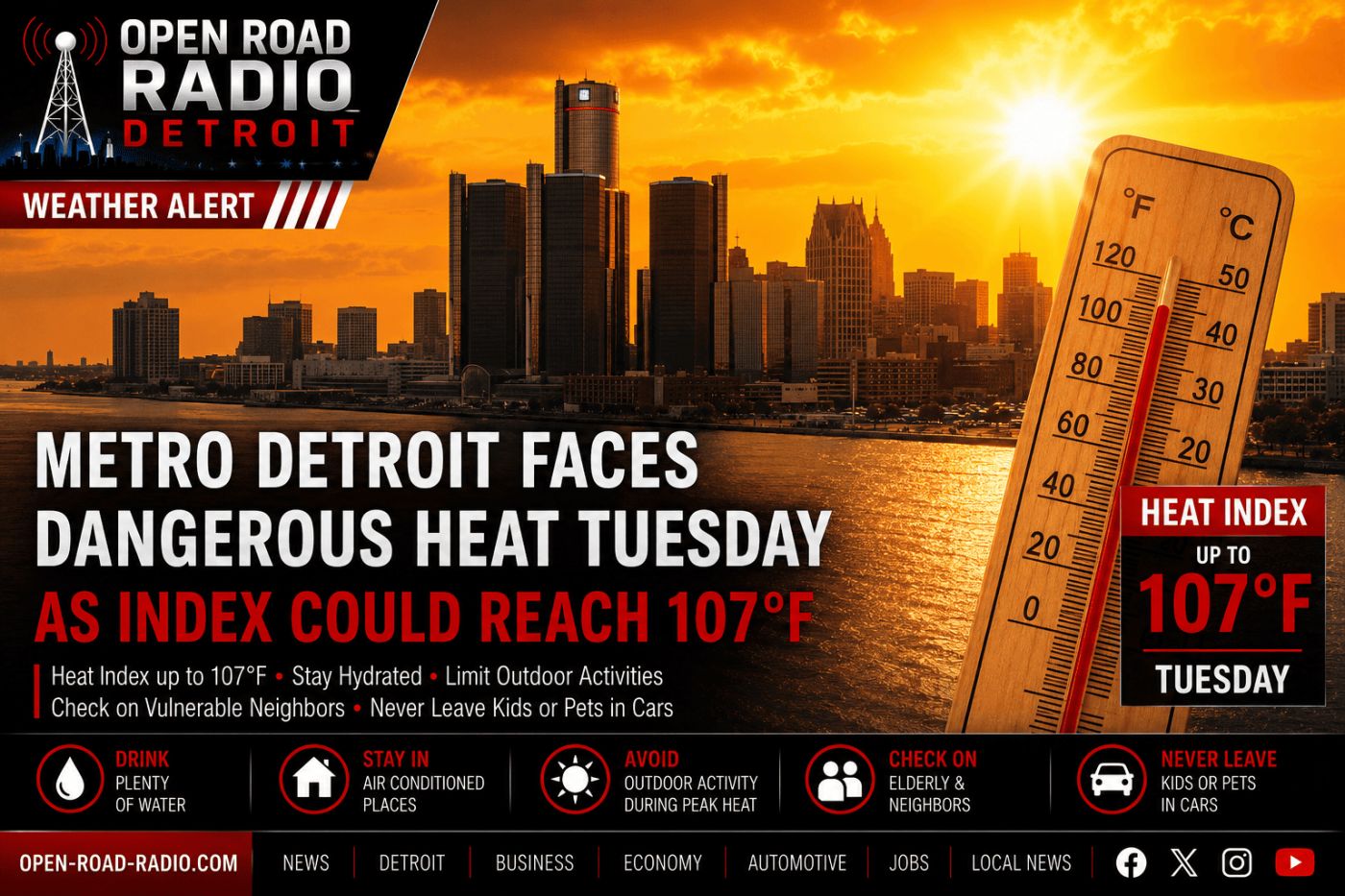 Metro Detroit Faces Dangerous Heat Tuesday as Heat Index Could Reach 107°F