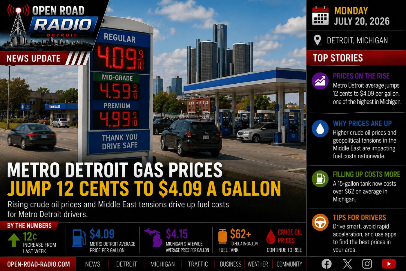 Metro Detroit Gas Prices Jump 12 Cents to $4.09 a Gallon as Fuel Costs Climb Again