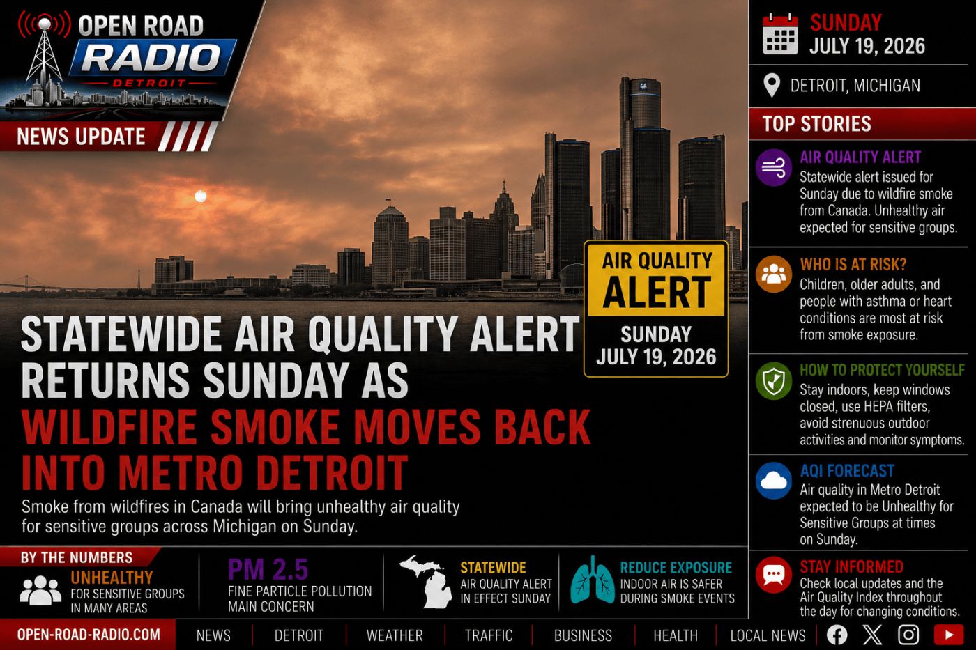 Statewide Air Quality Alert Returns Sunday as Wildfire Smoke Moves Back Into Metro Detroit