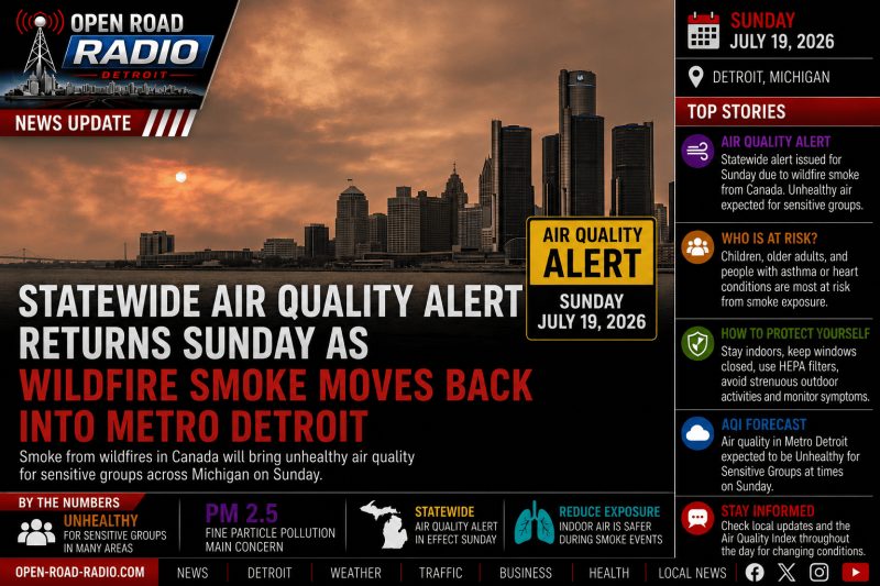 Statewide Air Quality Alert Returns Sunday as Wildfire Smoke Moves Back Into Metro Detroit