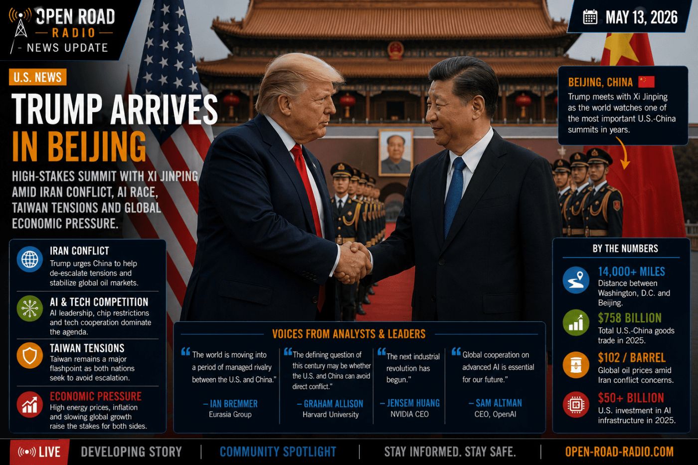 Trump Arrives in Beijing as Iran Conflict, AI Competition and Economic Pressure Reshape U.S.-China Relations